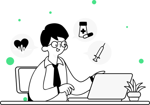 Illustration of a doctor studying calmly with Auggie Buddy